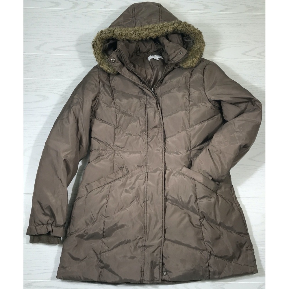 New York & Company Down Puffer Coat Women M Brown Hooded Full Zip Snap Winter